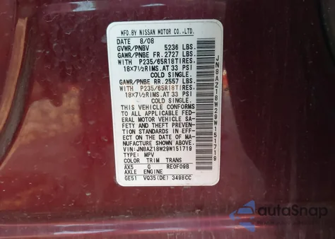 2009 Nissan Murano Sl from USA, damaged, VIN JN8AZ18W29W151719